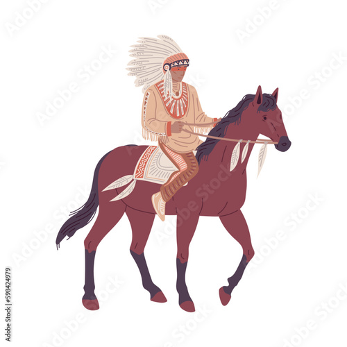 Native Americans tribe member riding horse, flat vector illustration isolated on white background.