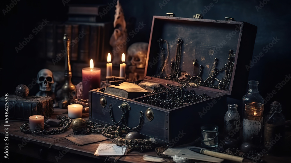A wooden box with a bunch of items in it. AI generative. Dark academia style, victorian style mansion interior design with wooden stairs. A wooden box with a bunch of items in it. AI generative. Dark academia style, victorian style mansion interior design with wooden stairs.