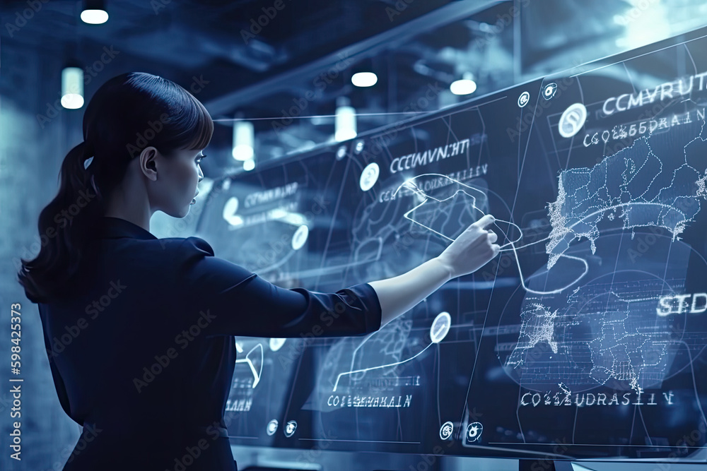 Serious woman examines and analyzes the data presented on a virtual screen, created with Generative AI Serious woman examines and analyzes the data presented on a virtual screen, created with Generative AI
