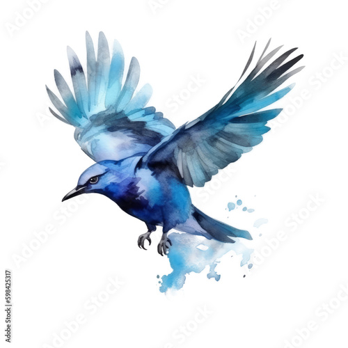 Watercolor blue bird. Illustration AI Generative. © olegganko