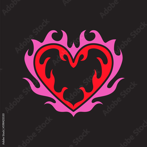 Vector design set, flames and fire, acid neo tribal shapes, y2k elements and abstract illustrations in gothic style, heart and love symbols, gothic and acid tattoos 