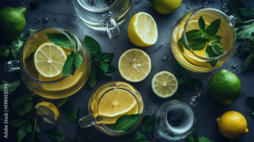 Green and Blue Mint tea with lemon decorated in glass cup with leaves flat lay wallpaper - Generative AI