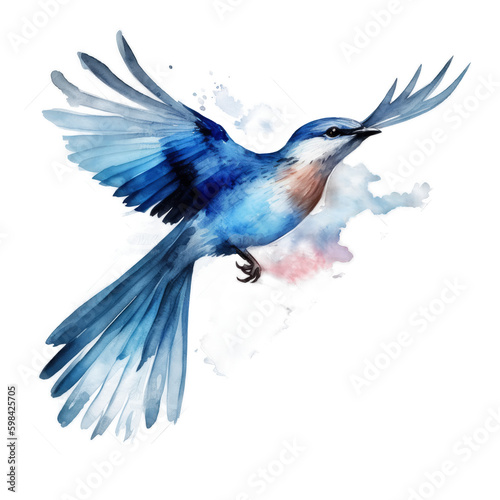 Watercolor blue bird. Illustration AI Generative.