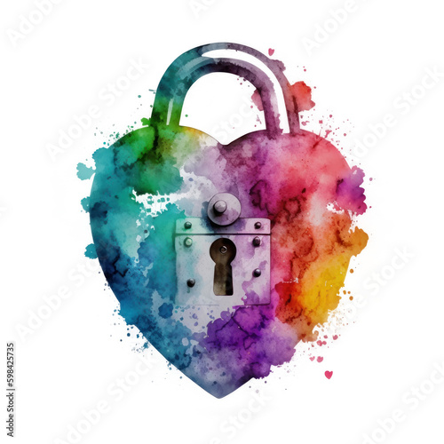 Watercolor love padlock. Illustration AI Generative.