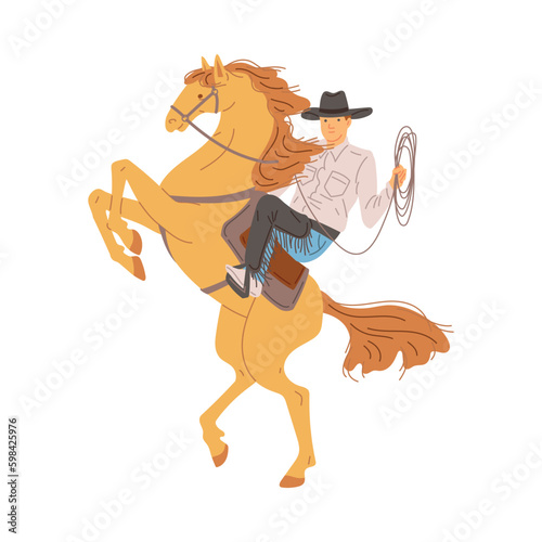 Cowboy riding horse with lasso, flat vector illustration isolated on white background.