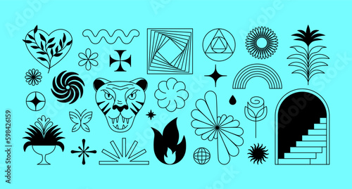Vector retro futuristic neo grunge elements for print and graphic designs, abstract shapes y2k, figures, wireframe, flames, tattoo gothic style, stickers, stars, hearts and logo templates