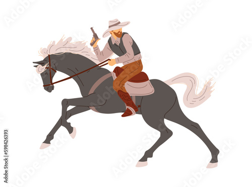 Dangerous cowboy with gun on horse, cartoon flat vector illustration isolated on white background. © sabelskaya