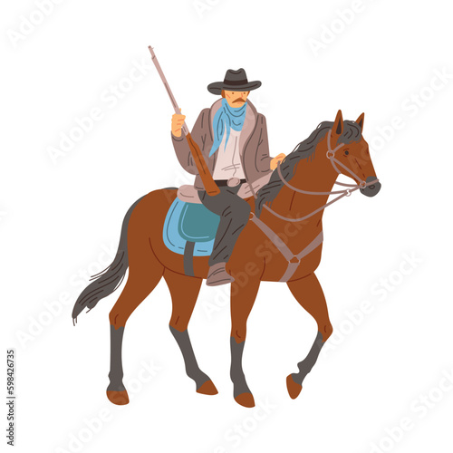 American sheriff or ranger with rifle character on horse, flat vector isolated.