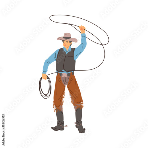 Cowboy brandishing rope lasso over head, flat vector illustration on white.