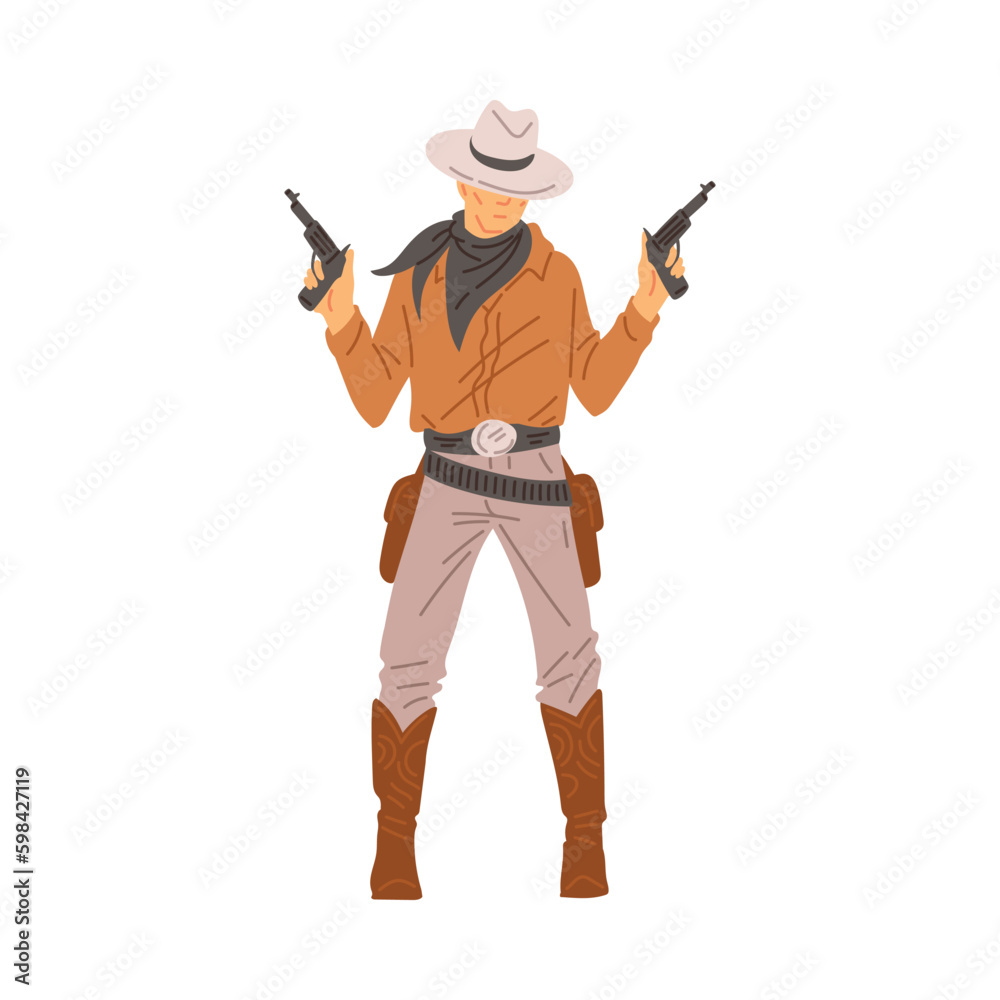 Western cowboy or bandit gangster standing with pistols, flat vector isolated. Western cowboy or bandit gangster standing with pistols, flat vector isolated.