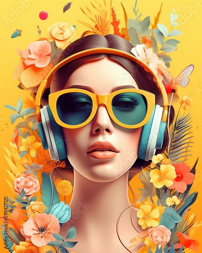 Wallpaper Mural A beautiful woman wearing headphones with ornament flowers background, music festival day. Generative AI, Generative, AI Torontodigital.ca