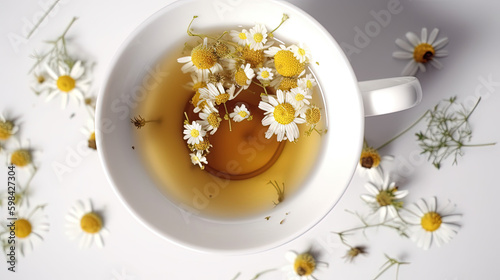 Chamomile tea in cup with flowers - Generative AI