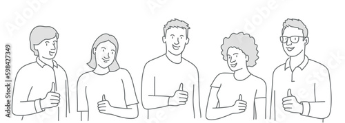 Happy people showing thumbs up give recommendation to service