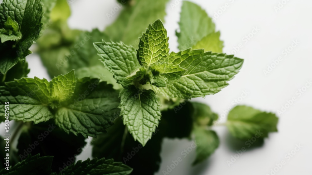 Herbal Green Mint Leaves on a white background Banner - Generative AI Herbal Green Mint Leaves on a white background Banner - Generative AI
