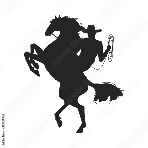 Silhouette of cowboy or ranger with lasso riding prancing horse vector isolated.
