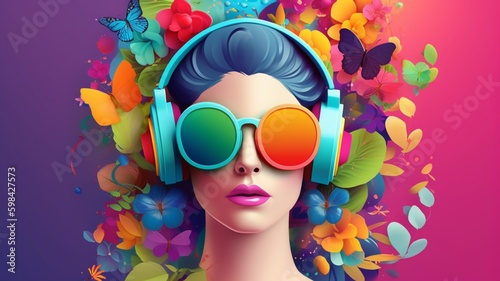Wallpaper Mural A beautiful woman wearing headphones with ornament colorful flowers background, music festival day. Generative AI, Generative, AI Torontodigital.ca