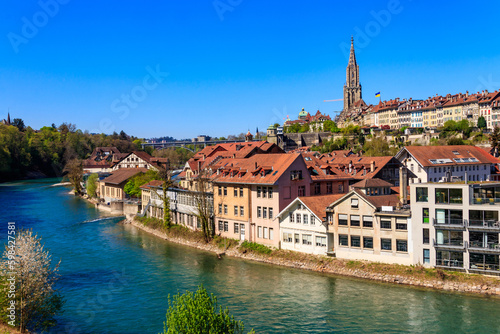 View of the Aare river and old town of Bern in Switzerland