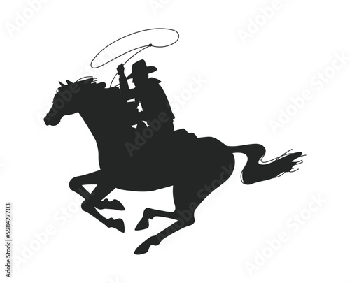 Silhouette of cowboy throwing lasso sitting on rearing up horse, vector isolated.