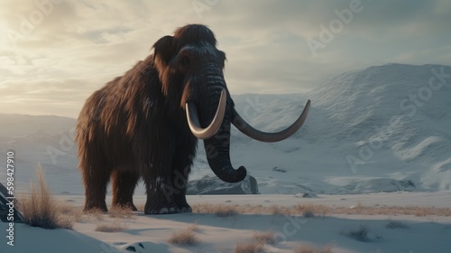 Magnificent Mammoth Amidst Wintry Terrain, Ancient Beast, Frosty Ice Age Panorama. © John