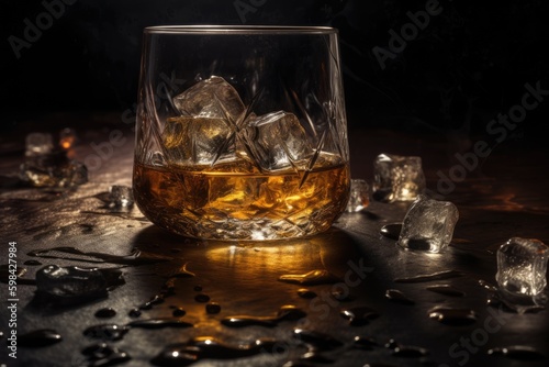 Alcohol in a glass with ice cubes in it, ice and drops on a dark table, background, whiskey. Generative AI