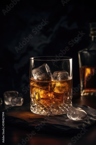 Whiskey glass and bottle on wooden table and dark background, luxurious aroma. Generative AI