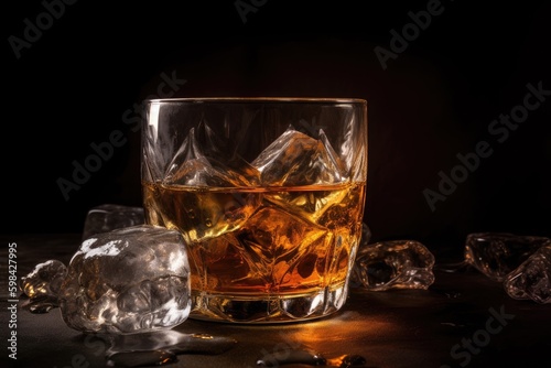 Glass with alcohol and ice on the table, wood and ice cubes, brown, whiskey. Generative AI