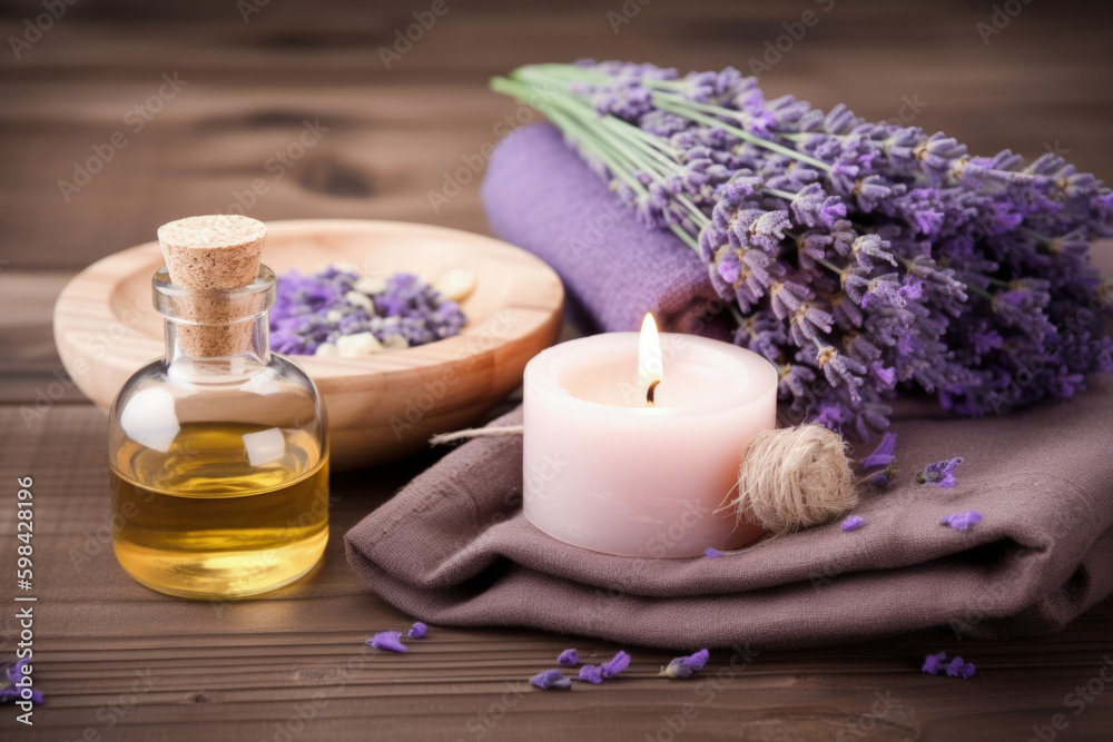 Aromatherapy, spa, beauty treatment and wellness background with massage oil, lavender flowers, towels, cosmetic products - Generative AI Aromatherapy, spa, beauty treatment and wellness background with massage oil, lavender flowers, towels, cosmetic products - Generative AI