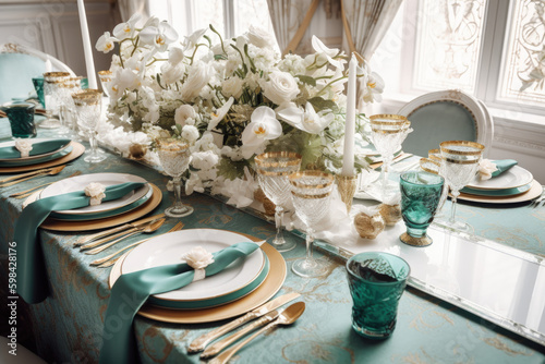 Romantic Wedding Table Decoration in Green and Gold Elegance - Generative AI