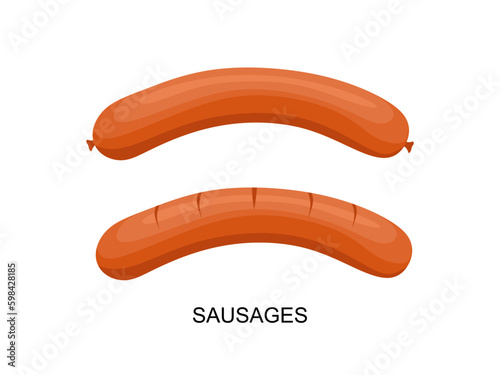 Sausages food in flat illustration. Two sausages isolated on white background. Delicious sausage food icon. Vector illustration