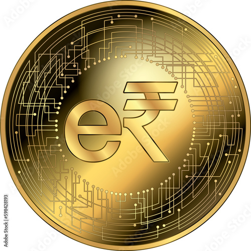 Indian Rupee cryptocurrency fantasy gold token, vector illustration