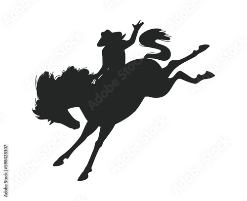 Black silhouette of cowboy riding horse, flat vector illustration isolated on white background.