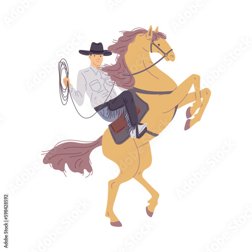 Cowboy or rodeo rider throwing lasso on rearing up horse, vector isolated.