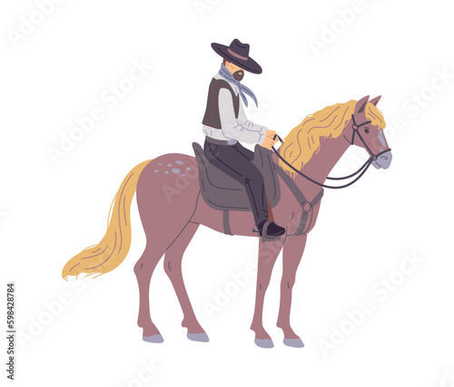 Bearded cowboy or ranger in wide-brimmed hat on horse, flat vector isolated.