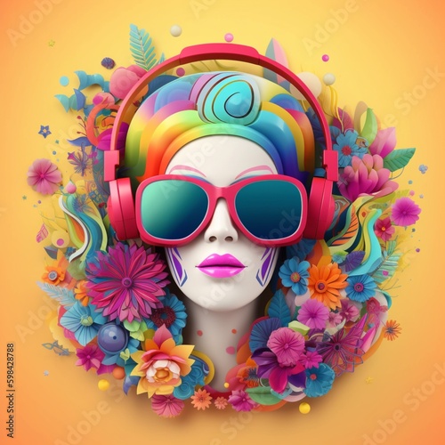 A beautiful woman wearing headphones with ornament colorful flowers background, music festival day. Generative AI, Generative, AI