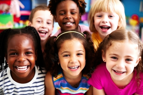 Diverse little friends in kindergarten giggle, their faces beaming with joy. United by innocence and laughter, race is irrelevant in their happy world. Generative AI