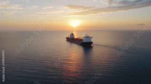 Aerial image of huge fuel tanker ship in the sea on sunset. Generative AI © AngrySun
