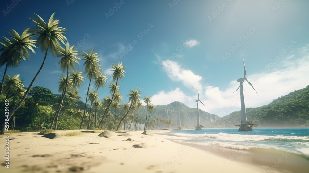 Windmill farm on the tropical ocean shore, windmills on a sunny day. Generative AI