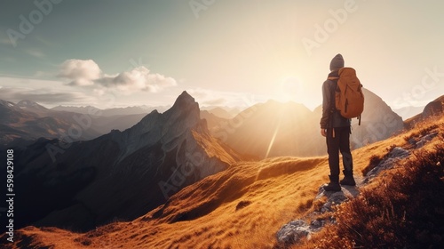 hiker on top of mountain, generative AI © id512
