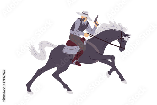 Cowboy on horseback with gun, cartoon flat vector illustration isolated on white background. © sabelskaya