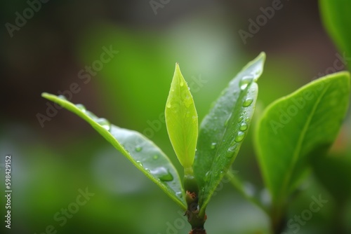 fresh tea leaves with dew drops