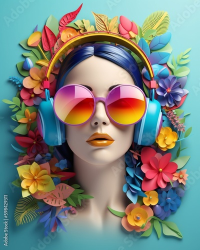 A beautiful woman wearing headphones with ornament colorful flowers background, music festival day. Generative AI, Generative, AI