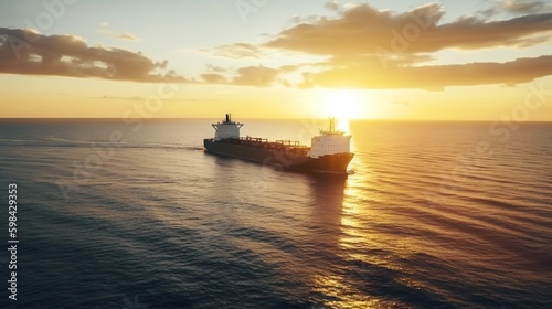 Aerial image of huge fuel tanker ship in the sea on sunset. Generative AI © AngrySun