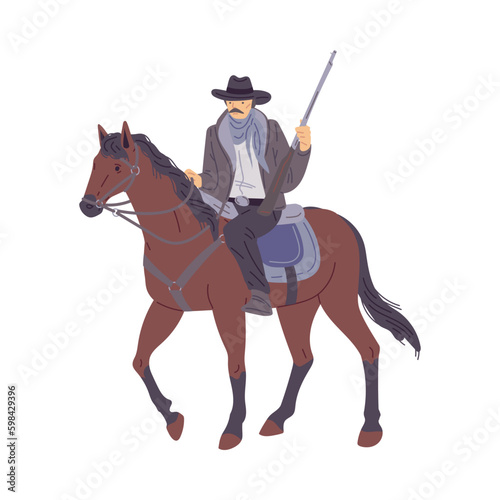 Western sheriff or cowboy with rifle on horseback, flat vector isolated.