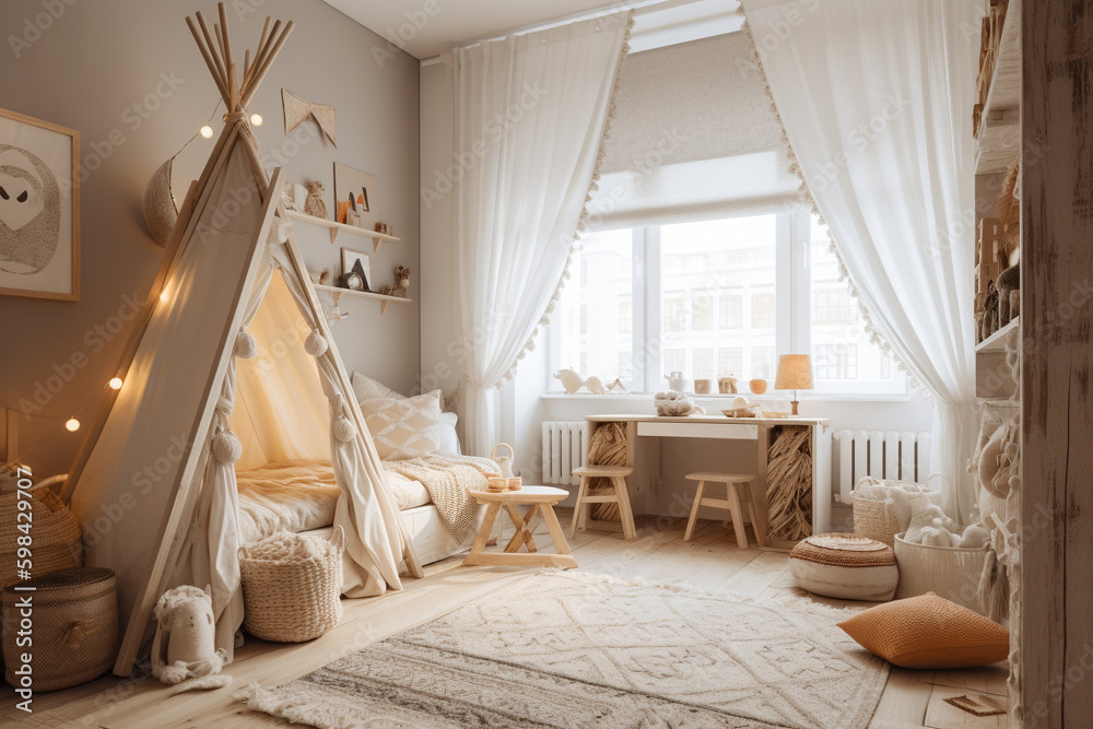 Cute modern childrens room, boho design interior style. Beige light colors. Super photo realistic background, generative ai Cute modern childrens room, boho design interior style. Beige light colors. Super photo realistic background, generative ai