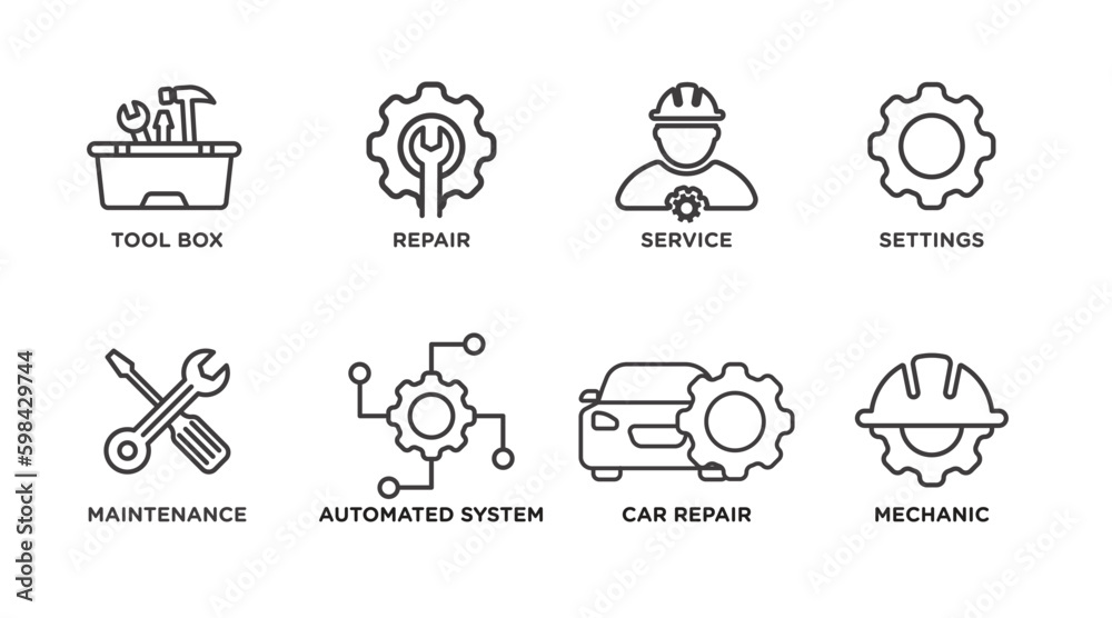 mechanical icon set. tool box, repair, service, settings, maintenance, automated system, car repair, and mechanic, outlined vector icon collection