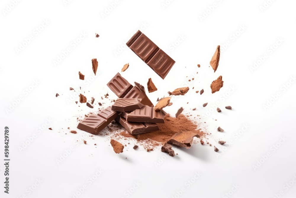 messy pile of chocolate and broken chocolate pieces on a white background. Generative AI messy pile of chocolate and broken chocolate pieces on a white background. Generative AI