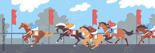 Horse racing scenery with jockeys on horses, flat vector illustration.