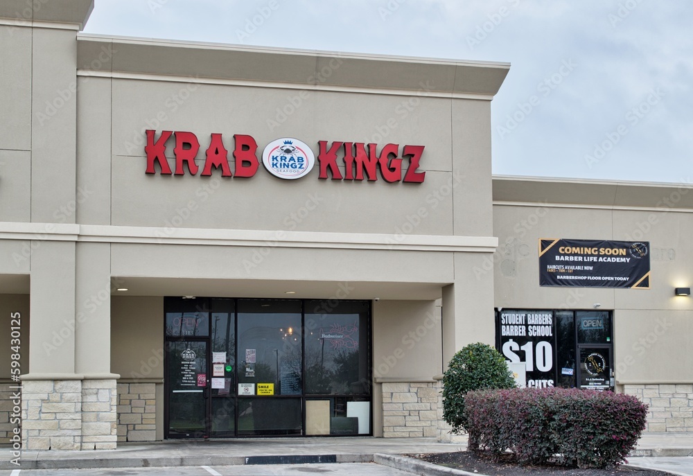 Krab Kingz Seafood business exterior in a Humble, TX strip mall. Texan casual dining Cajun