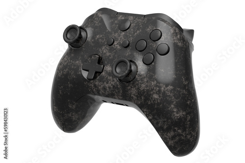 Realistic video game joystick with black marble texture on white background.