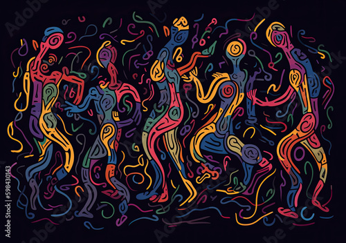 Group of people dancing  colorful abstract illustration on black background  generative ai